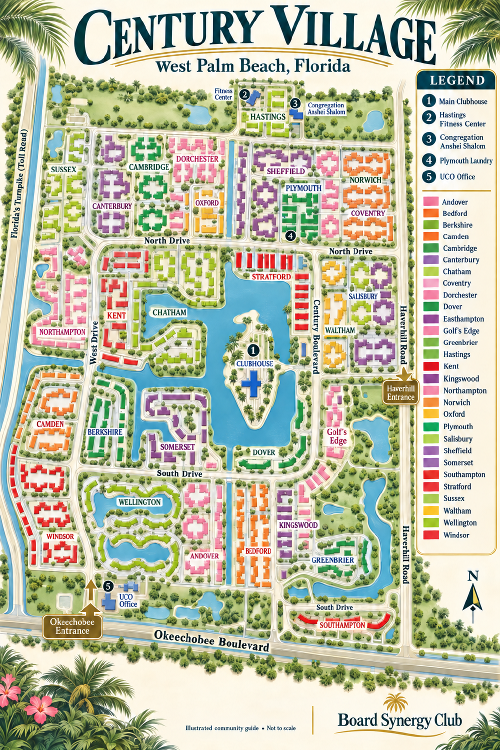 Illustrated Century Village West Palm Beach map showing named subdivisions, roads, waterways, entrances, five numbered landmarks, a legend and north arrow.